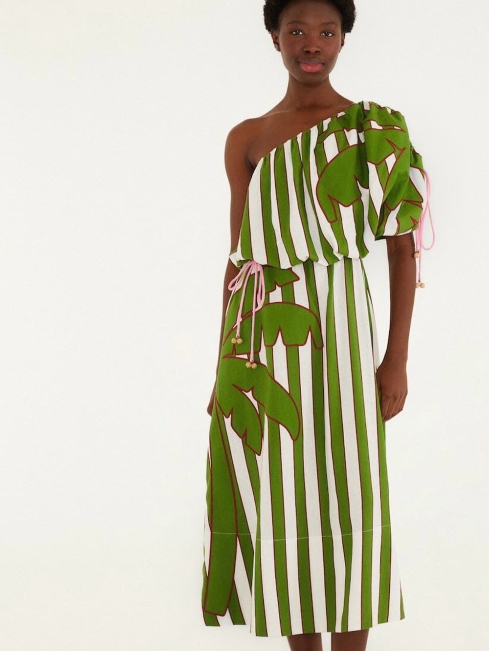 FARM Rio One-Shoulder Green & White Palm-Stripe Midi Dress